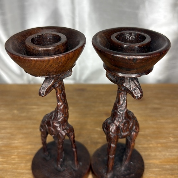 Vintage Art Deco Wooden Giraffe 6” Candle Holder Hand Carved Dark Wood Set of 2 - Picture 7 of 10